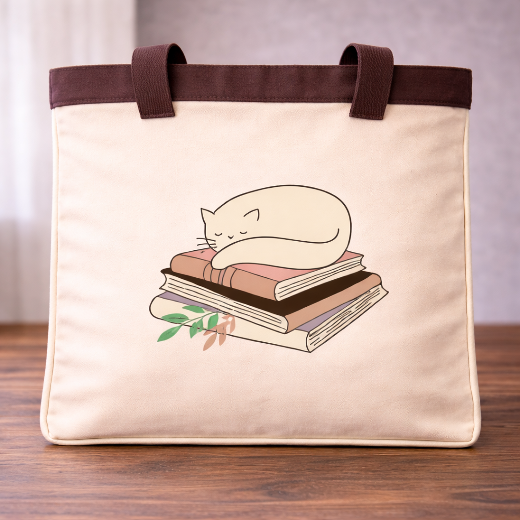 CAT ON BOOKS TOTE BAG