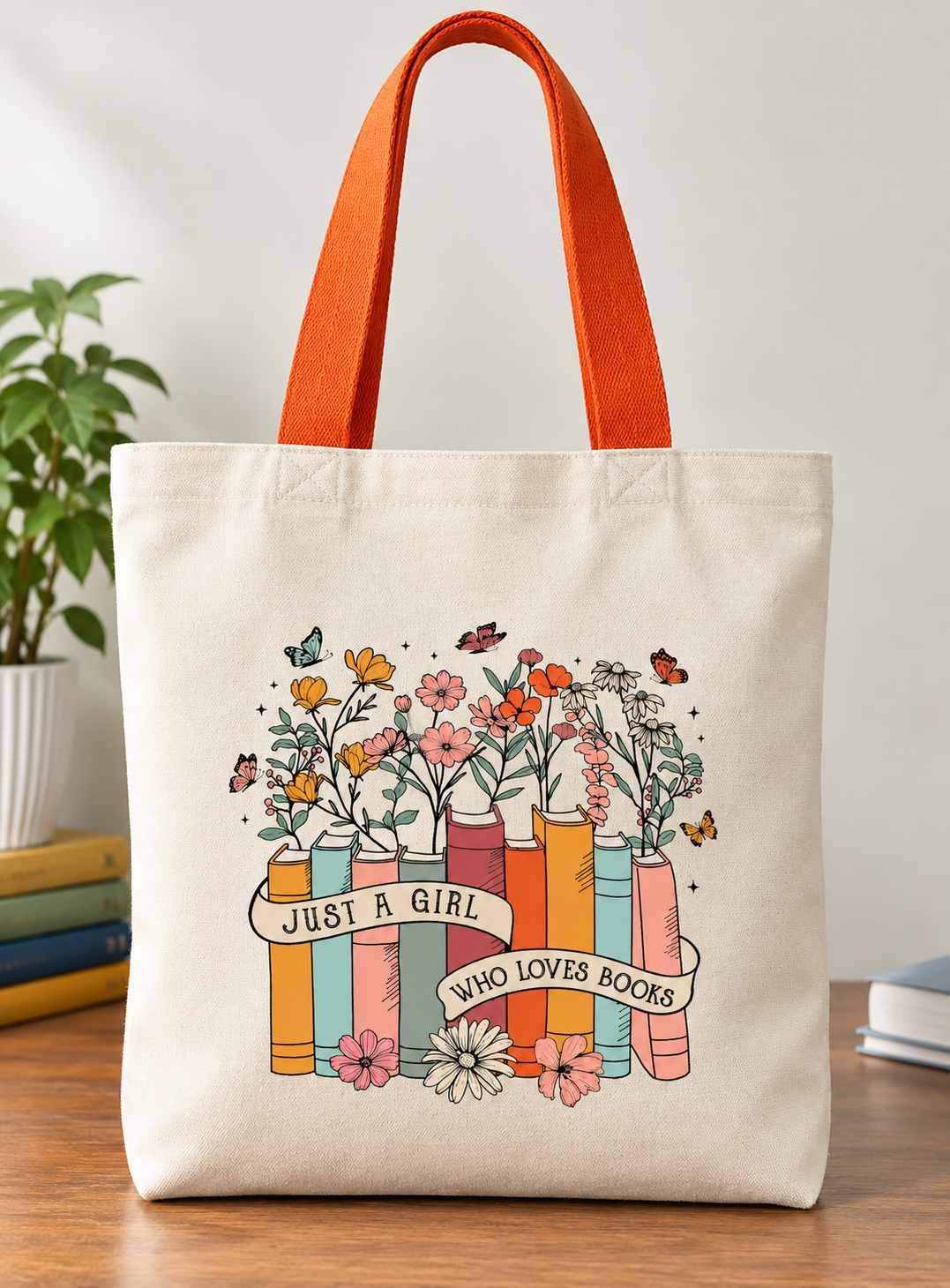 Just a Girl Who Loves Books Printed Canvas Tote Bag – Colorful Literary Design