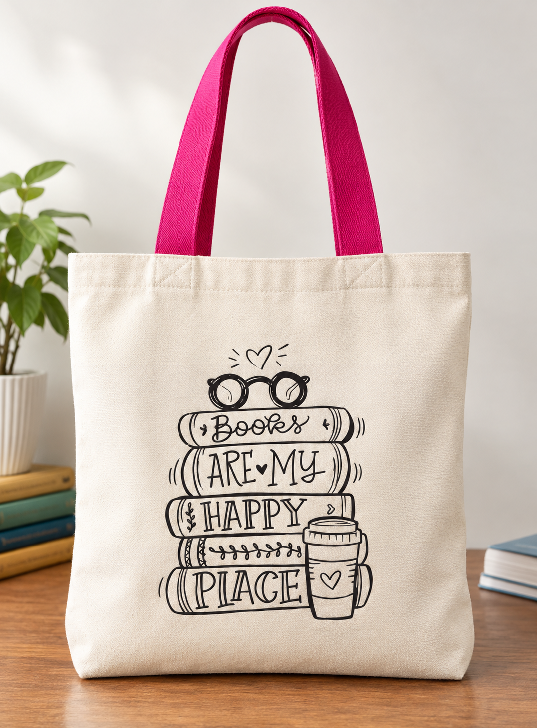 Books Are My Happy Place Printed Canvas Tote Bag – Colorful Literary Design