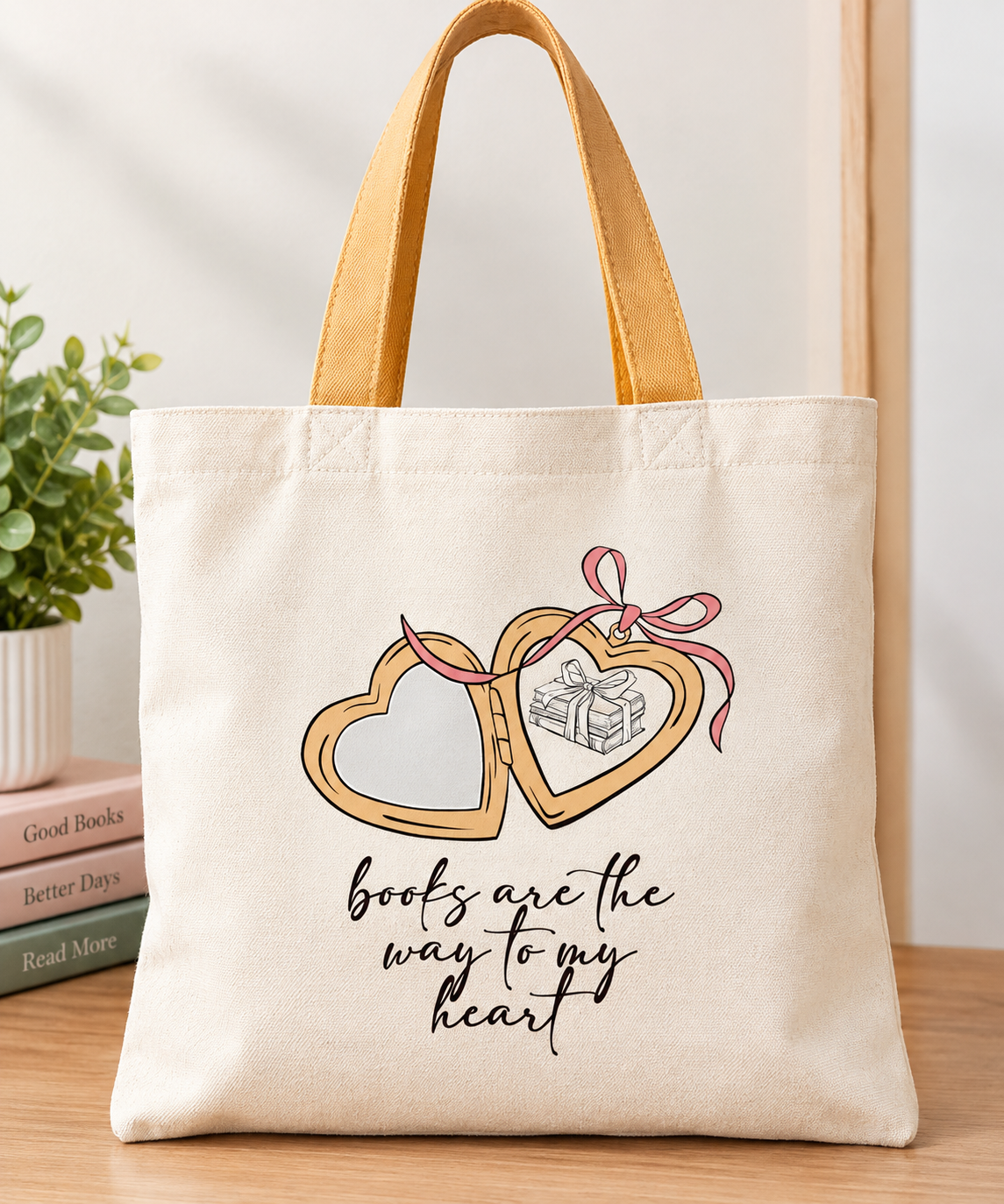 Books Are Way To My Heart Printed Canvas Tote Bag – Colorful Literary Design