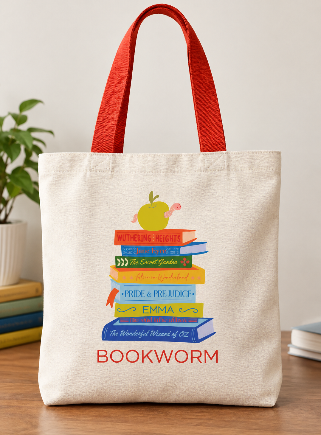 Bookworm Printed Canvas Tote Bag – Colorful Literary Design