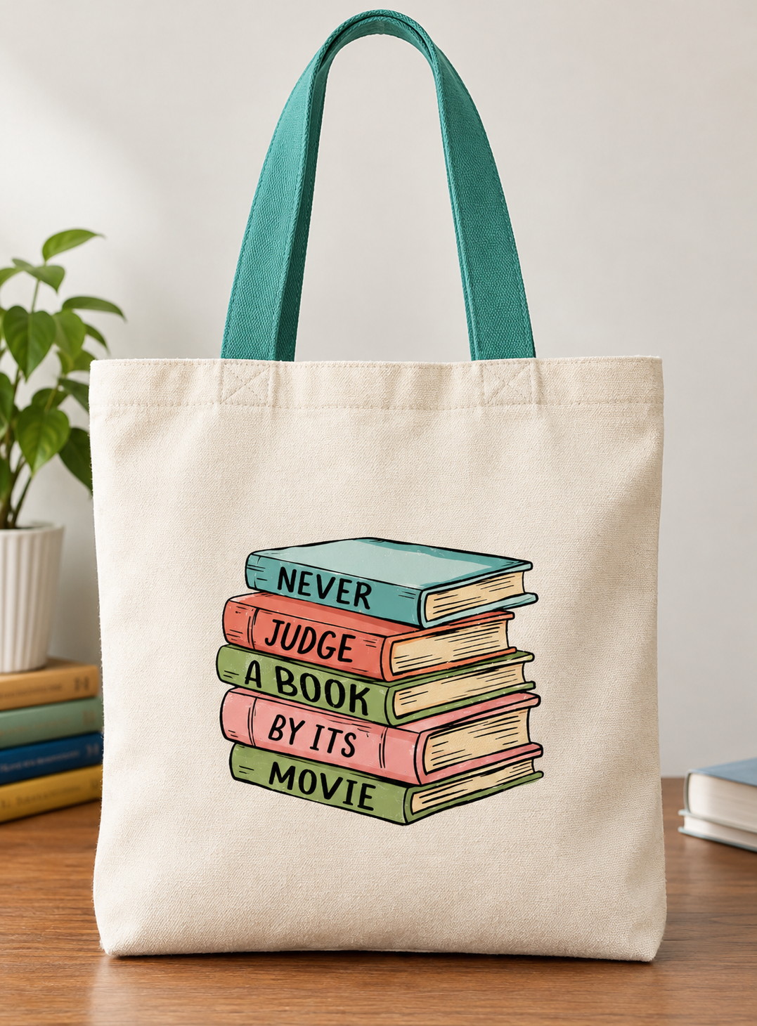 Never Judge a Book by its Movie Printed Canvas Tote Bag – Colorful Literary Design
