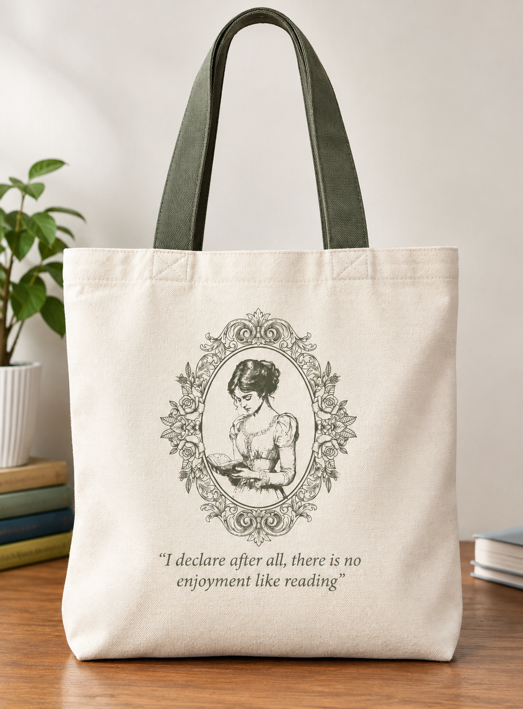 Jane Austen Green Printed Canvas Tote Bag – Colorful Literary Design